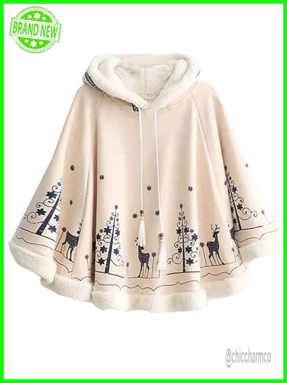 Fleece Lined Hooded Cape Poncho Cloak Coat Pullover Drawstring